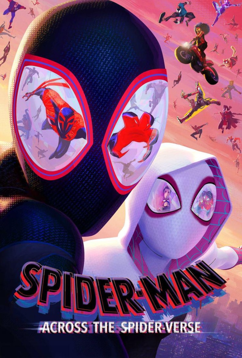 May include: Poster for the animated film "Spider-Man: Across the Spider-Verse." The image features two Spider-Man characters, one in a black suit with red accents and the other in a white suit. The title is prominently displayed at the bottom.