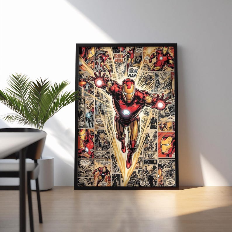 Iron Man-serieposter | Superhjälteväggkonst | Estetiskt tryck i Marvel-stil | Avengers-sovrumsinredning | Presentidé för vintage serietidningsfan bild 3