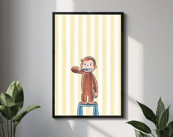 May include: A framed wall art print featuring a brown monkey standing on a blue stool while brushing its teeth. The background consists of vertical light yellow and white stripes. The monkey is depicted in a cartoon style with a toothbrush in hand.
