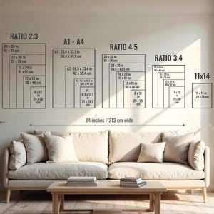 May include: A wall display showing print size ratios, including 2:3, 4:5, and 3:4, with measurements in inches and centimeters. The display includes a sofa and coffee table in front of the wall. The text on the wall reads "84 inches / 213 cm wide."