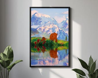 Póster de Hermano Oso / Arte de pared de Kenai Koda de Disney / Lámina con estética de bosque natural / Decoración acogedora para dormitorio de cabaña / Regalo para fans de Hermano Oso