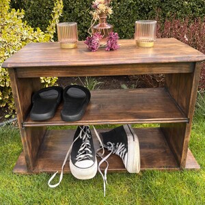 Décoration vintage - Banc d'entrée et étagère à chaussures en bois massif vieilli fait main