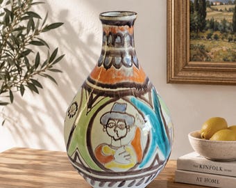 Vintage DeSimone Italy Hand-Painted Ceramic Vase, Folk Art Rooster Figures (14 Inch)
