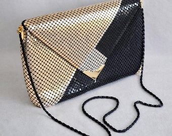Vintage Jotta Mesh Evening Bag Black Gold Colorblock Chain Strap Clutch 70s 80s
