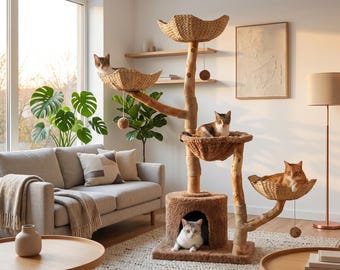 Modern Wooden Cat Tree 59" Large Cat Tower with Baskets & Condo