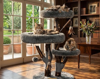 Arbre à chat en bois massif pour grands chats, tour en peluche de luxe avec perchoirs