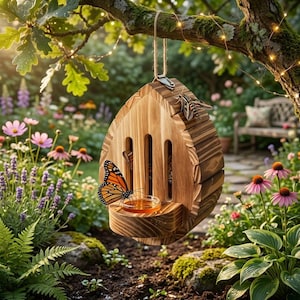 May include: A teardrop-shaped wooden butterfly house featuring vertical slats and a small circular feeding dish filled with amber liquid. A monarch butterfly rests on the edge of the dish, while a moth is perched on the upper wooden frame.