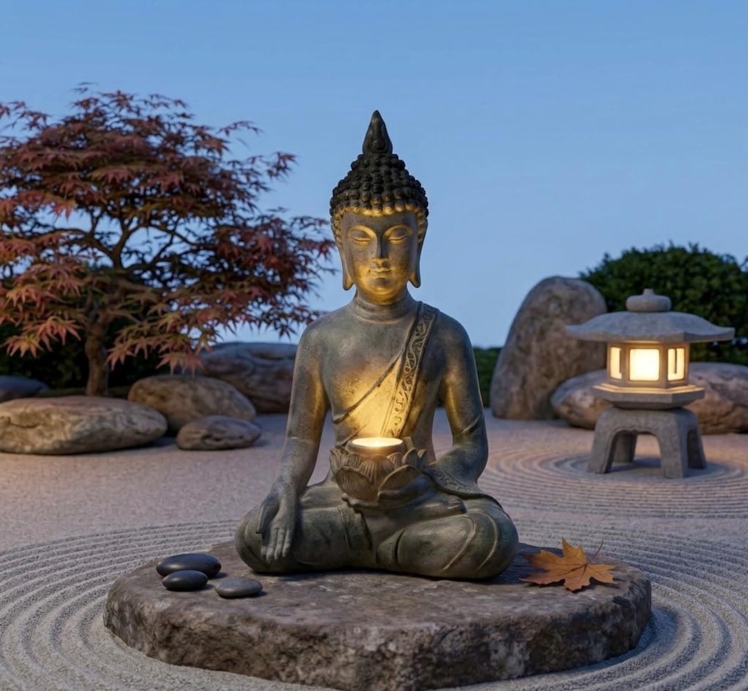 Solar Powered Meditating Buddha Statue, Rustic Zen Garden Decor ...