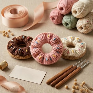 May include: Three crocheted donuts in brown, pink, and cream with colorful sprinkles. The donuts are surrounded by yarn, crochet hooks, and a blank card. A spool of ribbon and a thimble are also present.