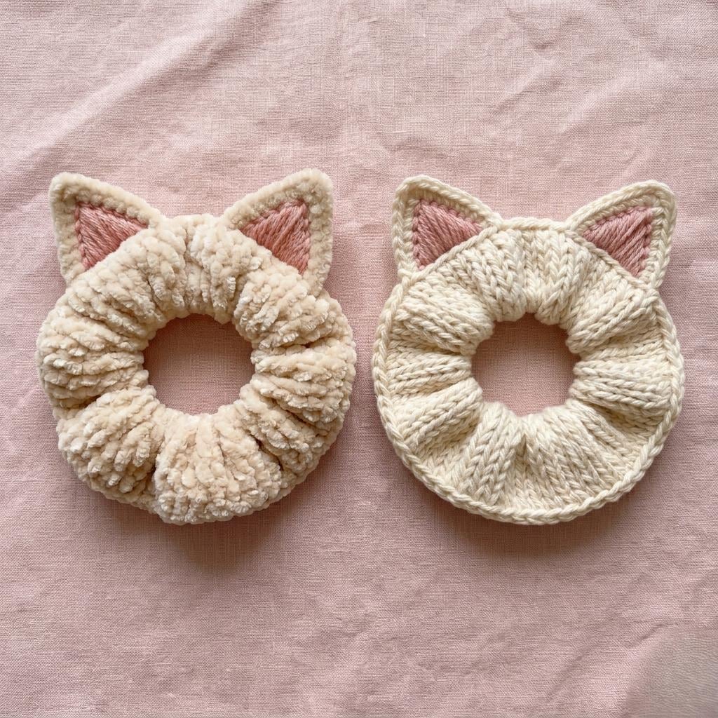 39 Crochet Scrunchies with Flowers, Ruffles, Bows, and Cherries 39 Crochet Hair Tie Pattern Meow Hair Tie Scrunchie Crochet