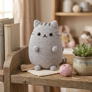 Op de afbeelding: Een handgemaakte grijze gehaakte kat met zwarte ogen, kleine oren en een gestreepte staart. De kat zit op een klein, gebroken wit vierkant. Een bol roze garen en een vetplant in een pot staan in de buurt.