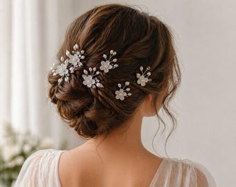 Bridal Hair Pins Set of 5 | Frosted Flower Pearl Hair Pins | Wedding Hair Accessories | Elegant Bridal Hair Piece