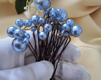 Blue Pearl Hair Pins Set | Bridal Hair Accessories | Wedding Hair Pins | Elegant Pearl Bobby Pins for Bride | Bridesmaid Hair Jewelry