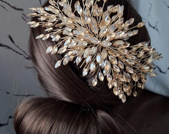 Gold Crystal Bridal Hair Comb | Statement Wedding Headpiece | Luxury Hair Accessory for Bride | Sparkling Leaf Hair Comb