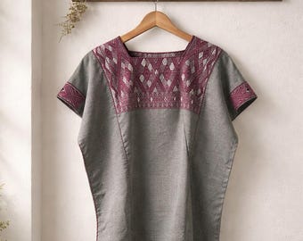 Handwoven Sage Green Cotton Huipil Blouse, Burgundy Geometric Embroidery, Boho Artisan Top