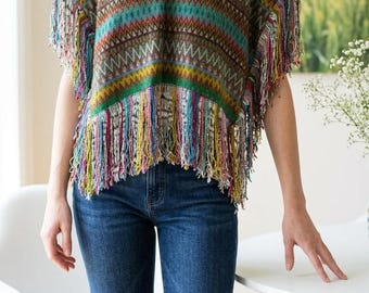Camicetta poncho messicana in rebozo fatta a mano, con frange multicolore, top artigianale boho
