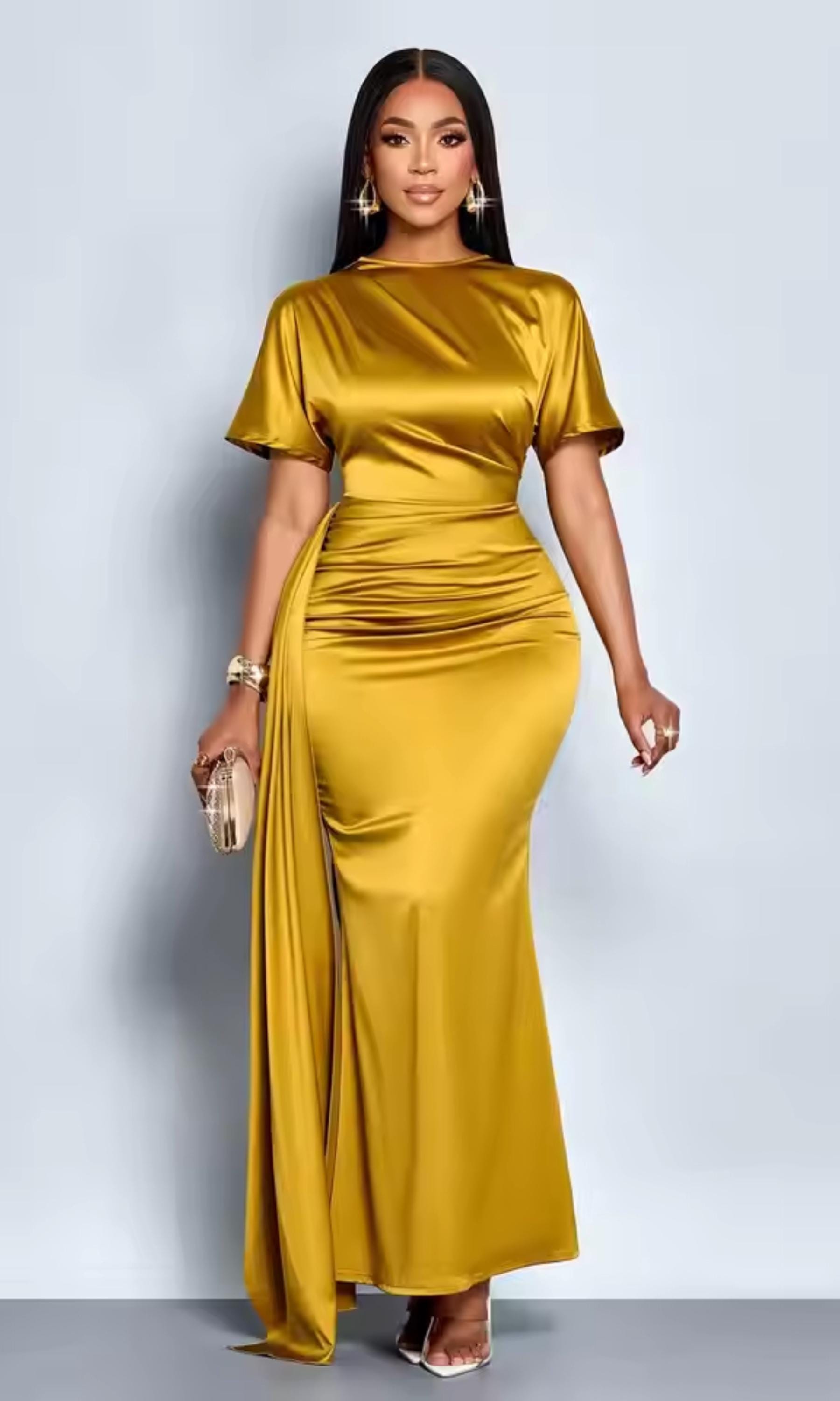 green emerald velvet dress Metallic Drape Back Ruched Front Dress Petite / 12 / Gold main image 0