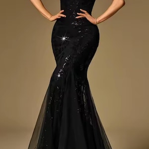 Vestido largo de sirena con lentejuelas negras – Vestido de noche formal de cuello alto imagen 5