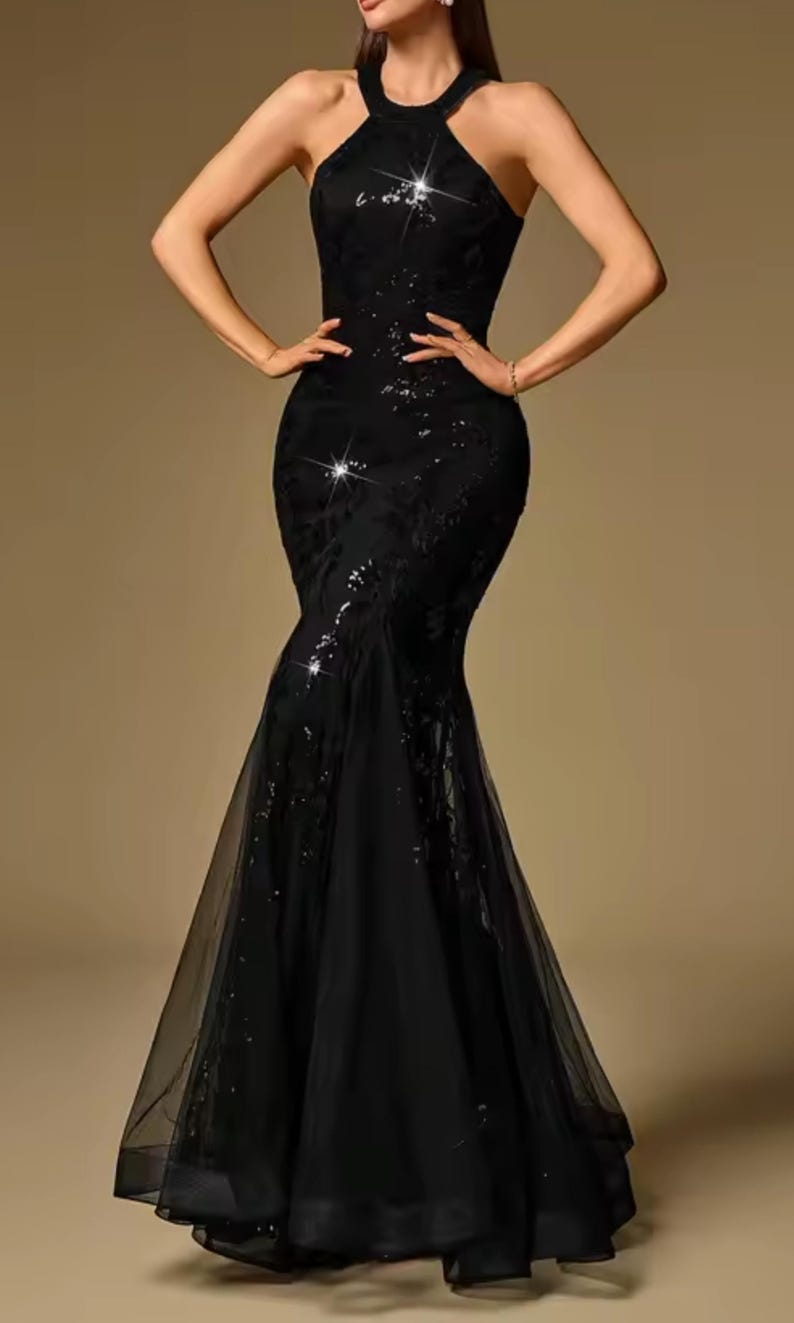 Vestido largo de sirena con lentejuelas negras – Vestido de noche formal de cuello alto imagen 5
