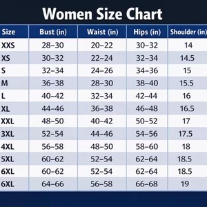 Puede incluir: Una tabla de tallas para mujeres en azul marino y blanco. La tabla enumera tallas de XXS a 6XL, con medidas de busto, cintura, caderas y hombros en pulgadas. La tabla est&aacute; dise&ntilde;ada para ayudar a los clientes a encontrar el ajuste correcto.