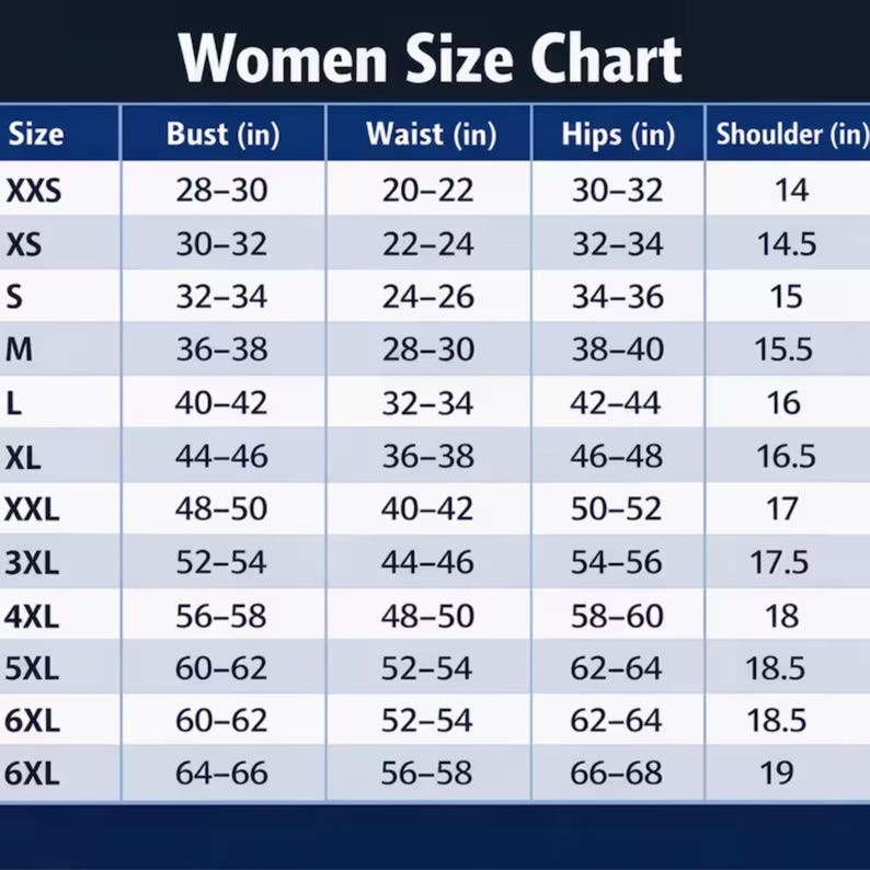 Puede incluir: Una tabla de tallas para mujeres en azul marino y blanco. La tabla enumera tallas de XXS a 6XL, con medidas de busto, cintura, caderas y hombros en pulgadas. La tabla est&aacute; dise&ntilde;ada para ayudar a los clientes a encontrar el ajuste correcto.