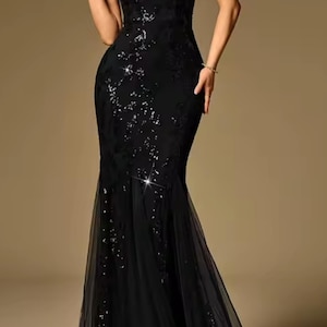 Vestido largo de sirena con lentejuelas negras – Vestido de noche formal de cuello alto imagen 1