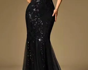 Black Sequin Mermaid Maxi Dress – High Neck Formal Evening Gown