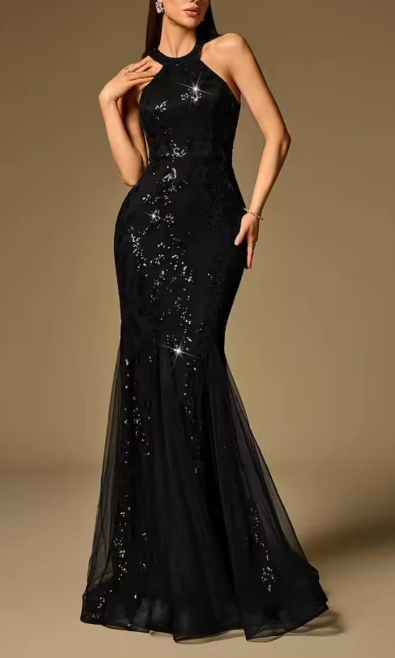 Vestido largo de sirena con lentejuelas negras – Vestido de noche formal de cuello alto imagen 1