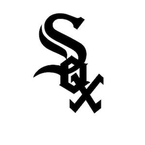 May include: Black and white graphic of the Chicago White Sox logo. The logo features the word "SOX" in a stylized, gothic font. The "S" is large and curved, while the "OX" are stacked below.