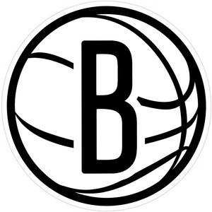 以下が含まれることがあります： 白と黒の円形ロゴ。中央に大きな黒い文字「B」があり、バスケットボールのデザインで囲まれています。デザインは、白い背景に曲がった黒い線があり、細い白い境界線があります。