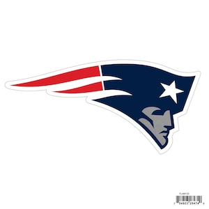 May include: A die-cut sticker featuring the New England Patriots logo. The logo is a stylized image of a patriot's head in profile, with a white star, and a red, white, and blue color scheme. The sticker has a white border and is on a white background.