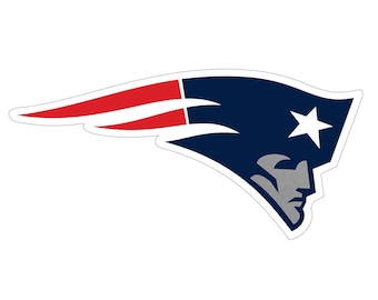 May include: A die-cut sticker featuring the New England Patriots logo. The logo is a stylized image of a patriot's head in profile, with a white star, and a red, white, and blue color scheme. The sticker has a white border and is on a white background.