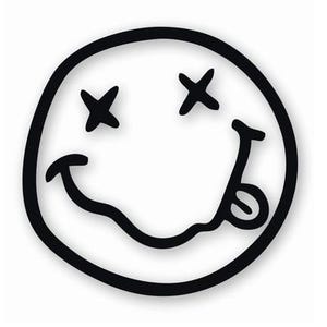 May include: Black and white smiley face design with crossed-out eyes and a tongue sticking out. The design is a simple, hand-drawn style, with a thick black outline. The background is white.