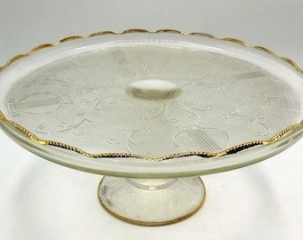Vintage Jeannette Pedestal Cake Stand Harp Pattern Gold Gilt Rim Scalloped Edge