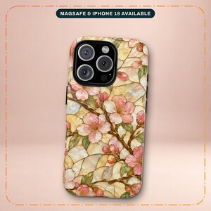 Cherry Blossom Phone Case, Spring Floral Faux Stained Glass Cover, Pink Sakura Aesthetic Case, MagSafe iPhone 17 16 15 14 13, Samsung Galaxy