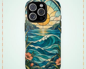 Handyhülle mit Ozeanmotiv aus Buntglas, Sonnenuntergangswellen-Design, Geschenk für Strandliebhaber (MagSafe/Tough)