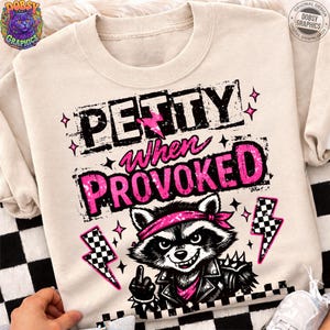 May include: Cream-colored sweatshirt with the text "PETTY when PROVOKED" in black and pink. A raccoon graphic wearing a pink bandana and a black leather jacket is featured below the text. Pink stars and checkered lightning bolts complete the design.