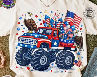 Patriotic Toddler Boy Shirt Design, Monster Truck 4th of July PNG, Stars and Stripes Monster Truck Sublimation, USA Kids Digital Download