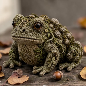May include: A detailed, handcrafted crochet frog sculpture in shades of green and brown, adorned with moss and leaf details. The frog has large, dark eyes and is surrounded by fallen leaves and acorns, creating a woodland theme.