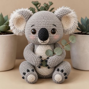 Könnte beinhalten: Ein gehäkeltes Koala-Stofftier in Grau und Creme mit großen, flauschigen Ohren, dunkelbraunen Augen, einer schwarzen Nase und rosa Wangen. Der Koala hat schwarze Krallen an Händen und Füßen und hält einen kleinen Zweig mit grünen Eukalyptusblättern.