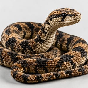 May include: A coiled snake figurine crafted from textured yarn in shades of tan, brown, and black. The snake features a raised head with a cream-coloured underside, a rounded snout, and small black bead eyes, showcasing a detailed crochet stitch pattern.