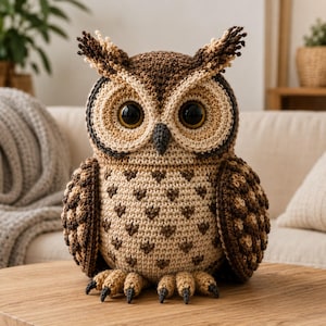 Puede incluir: Una figura de búho hecha a mano con ganchillo, en tonos marrones, beige y crema, con grandes ojos negros. El búho tiene patrones de plumas detallados y está posado sobre una superficie de madera.