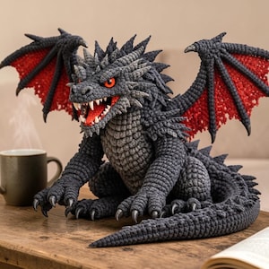 Puede incluir: Una escultura de dragón de ganchillo en tonos grises y negros, con detalles rojos en las alas y en la boca. El dragón tiene dientes afilados y ojos naranjas. Está sobre una superficie de madera.