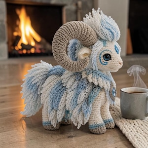 May include: A handcrafted crochet ram figurine with a cream, blue, and white color scheme. The ram features large, curved horns, detailed facial features, and a fluffy, textured body. The figurine is placed near a fireplace.