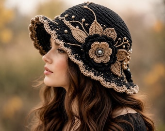 Wzór na szydełkową czapkę Vintage Bloom w formacie PDF, elegancki klosz z kwiatami (do pobrania w wersji cyfrowej)