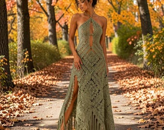 Wzór na szydełkową sukienkę „Oliwkowa Bogini”, boho maxi, samouczek z frędzlami (pobierz plik PDF)