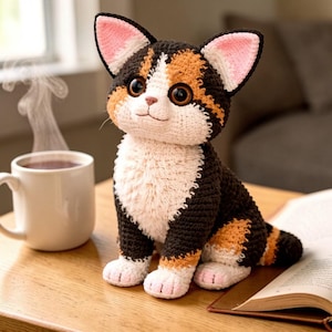 Puede incluir: Figura de gato de ganchillo hecha a mano en colores calicó, con hilo negro, naranja y blanco. El gato tiene ojos grandes y expresivos, orejas forradas de rosa y está sentado sobre una superficie de madera junto a una taza de café y un libro abierto.