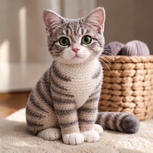 Può includere: Un gatto tabby all'uncinetto con occhi verdi è seduto su un tappeto beige. Il gatto ha strisce grigie e bianche, zampe bianche e una lunga coda. Un cesto di vimini con gomitoli di lana grigi è sullo sfondo.
