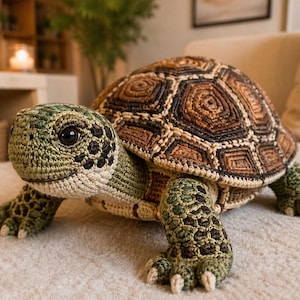 May include: A handcrafted, crocheted turtle figurine. The turtle features a detailed shell in shades of brown and tan, with a green head, legs, and feet. The eyes are black, and the overall design is textured and plush.