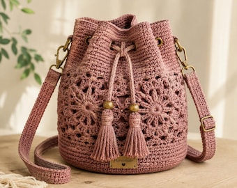 Modèle de sac seau au crochet bohème, tutoriel de sac à main à cordon floral (téléchargement PDF)